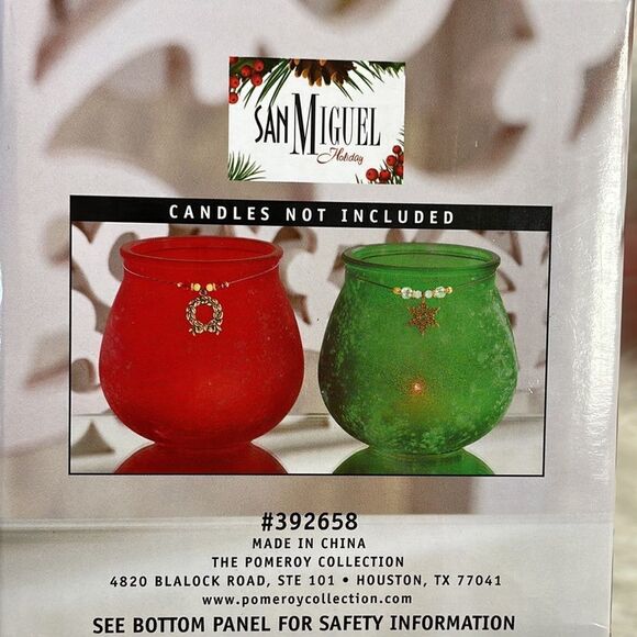 San Miguel Holiday Two Frosted Glass Pillar Candle Holders, Red and Green - Picture 5 of 6